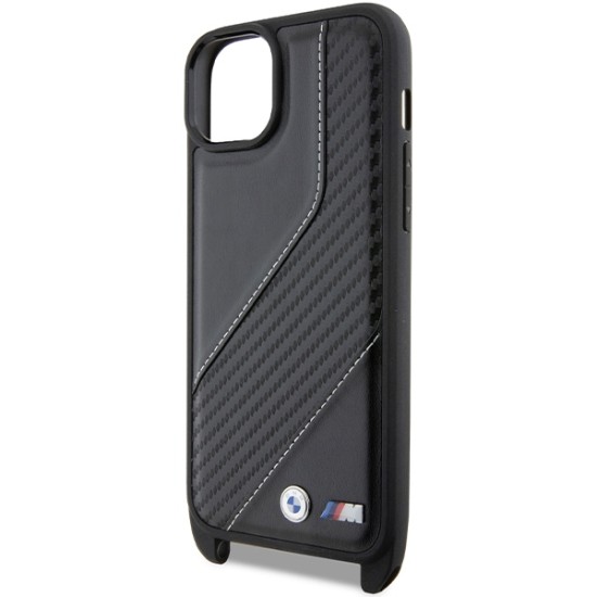 Husa pentru iPhone 15 - BMW Leather M Edition Carbon Stripe & Strap (BMHCP15S23PSCCK) - Black