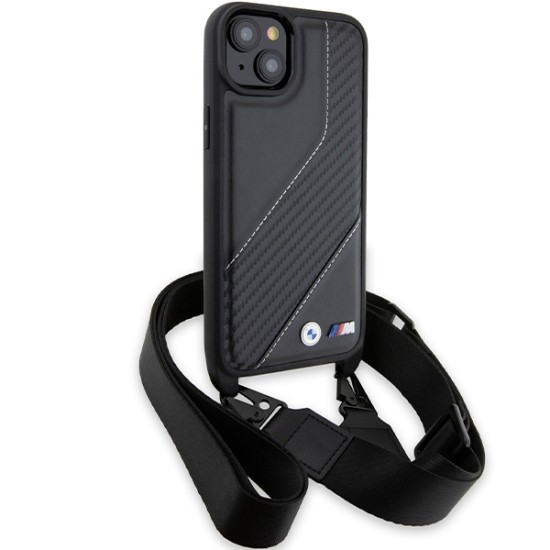 Husa pentru iPhone 15 - BMW Leather M Edition Carbon Stripe & Strap (BMHCP15S23PSCCK) - Black