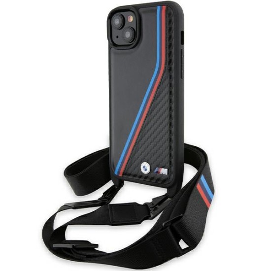 Husa pentru iPhone 15 - BMW Leather M Edition Carbon Tricolor Lines & Strap (BMHCP15S23PSVTK) - Black