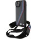 Husa pentru iPhone 15 - BMW Leather M Edition Carbon Tricolor Lines & Strap (BMHCP15S23PSVTK) - Black