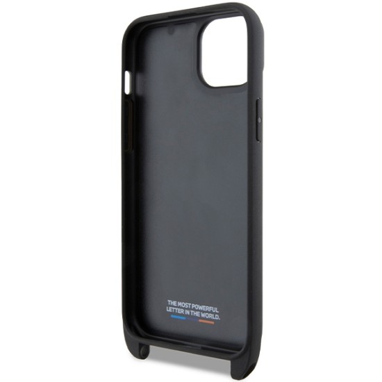 Husa pentru iPhone 15 - BMW Leather M Edition Carbon Tricolor Lines & Strap (BMHCP15S23PSVTK) - Black