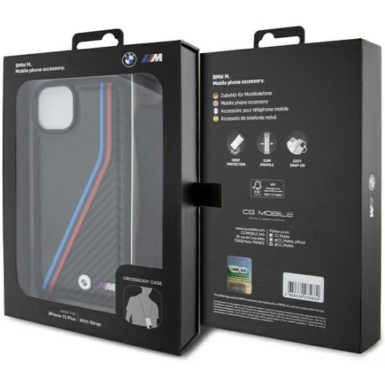 Husa pentru iPhone 15 - BMW Leather M Edition Carbon Tricolor Lines & Strap (BMHCP15S23PSVTK) - Black