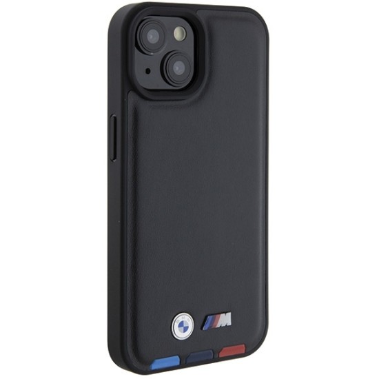 Husa pentru iPhone 15 - BMW Leather Stamp Tricolor (BMHCP15S22PTDK) - Black