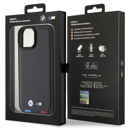 Husa pentru iPhone 15 - BMW Leather Stamp Tricolor (BMHCP15S22PTDK) - Black