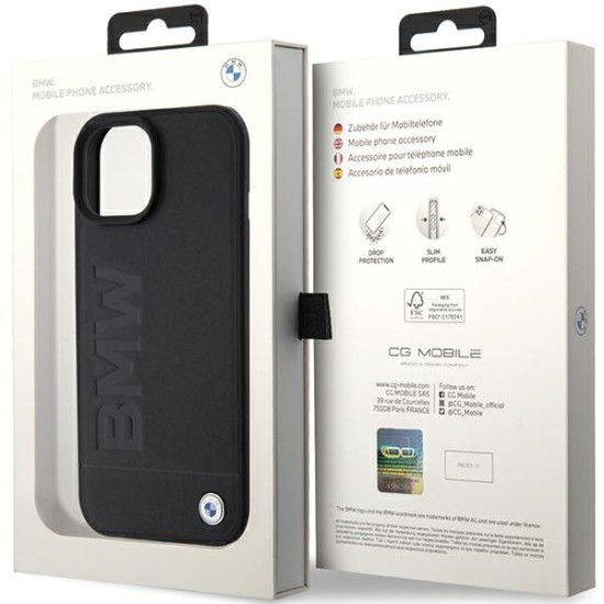 Husa pentru iPhone 15 - BMW Natural Leather Hot Stamp (BMHCP15SSLLBK) - Black