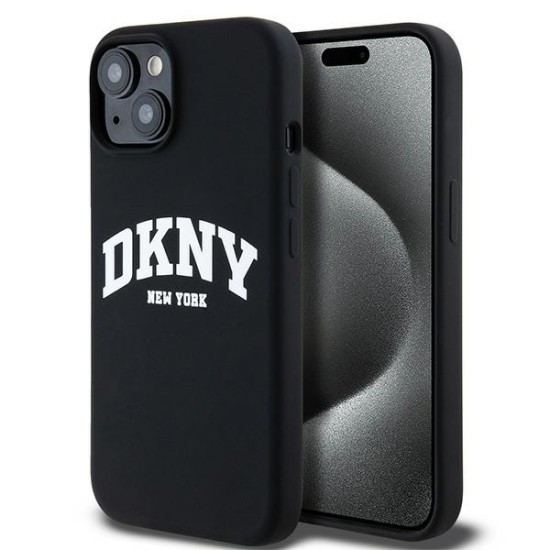 Husa pentru iPhone 15 - DKNY Hardcase Liquid Silicone White Printed Logo MagSafe (DKHMP15SSNYACH) - Black