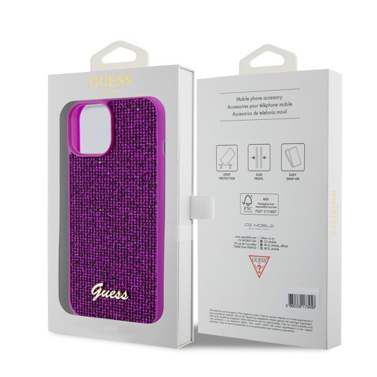 Husa pentru iPhone 15 / iPhone 14 / iPhone 13 - Guess Disco Metal Script (GUHCP15SPMSDGSF) - Fuchsia