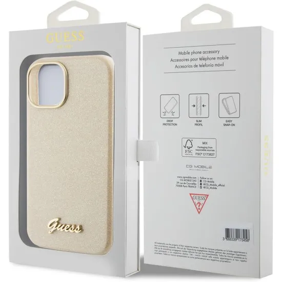 Husa pentru iPhone 15 / iPhone 14 / iPhone 13 - Guess Glitter Glossy Script (GUHCP15SPGMCSD) - Sparkle Beige Husa pentru iPhone 15 / iPhone 14 / iPhone 13 - Guess Glitter Glossy Script (GUHCP15SPGMCSD) - Sparkle Beige
