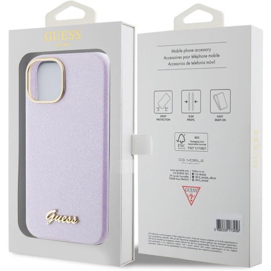 Husa pentru iPhone 15 / iPhone 14 / iPhone 13 - Guess Glitter Glossy Script (GUHCP15SPGMCSL) - Light Purple