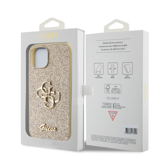 Husa pentru iPhone 15 / iPhone 14 / iPhone 13 - Guess Glitter Script Big 4G (GUHCP15SHG4SGD) - Gold