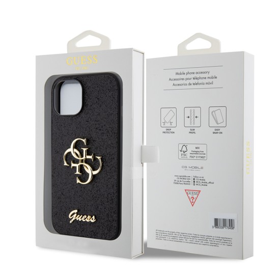 Husa pentru iPhone 15 / iPhone 14 / iPhone 13 - Guess Glitter Script Big 4G (GUHCP15SHG4SGK) - Black