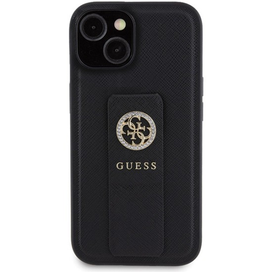 Husa pentru iPhone 15 / iPhone 14 / iPhone 13 - Guess Grip Stand 4G Saffiano Strass (GUHCP15SPGSSADK) - Black