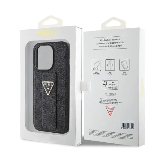 Husa pentru iPhone 15 / iPhone 14 / iPhone 13 - Guess Grip Stand 4G Triangle Strass (GUHCP15SPGS4TDK) - Black Husa pentru iPhone 15 / iPhone 14 / iPhone 13 - Guess Grip Stand 4G Triangle Strass (GUHCP15SPGS4TDK) - Black