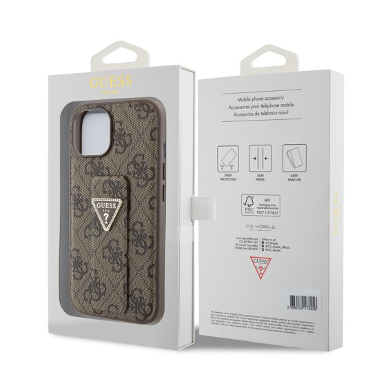 Husa pentru iPhone 15 / iPhone 14 / iPhone 13 - Guess Grip Stand 4G Triangle Strass (GUHCP15SPGS4TDW) - Brown