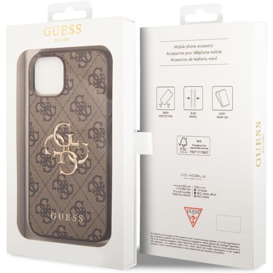 Husa pentru iPhone 15 / iPhone 14 / iPhone 13 - Guess Hardcase 4G Big Metal Logo (GUHCP15S4GMGBR) - Brown