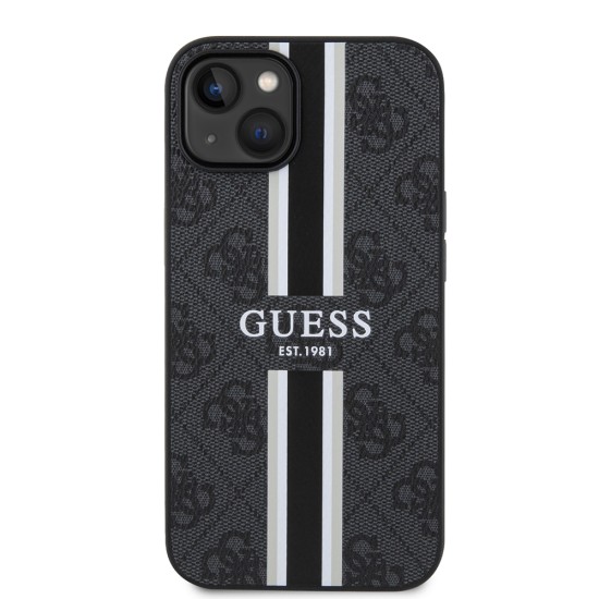 Husa pentru iPhone 15 / iPhone 14 / iPhone 13 - Guess Hardcase 4G Printed Stripes MagSafe (GUHMP15SP4RPSK) - Black