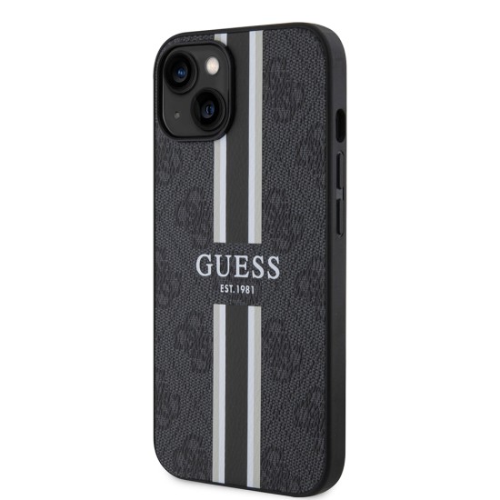 Husa pentru iPhone 15 / iPhone 14 / iPhone 13 - Guess Hardcase 4G Printed Stripes MagSafe (GUHMP15SP4RPSK) - Black