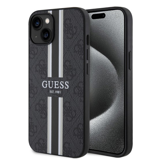 Husa pentru iPhone 15 / iPhone 14 / iPhone 13 - Guess Hardcase 4G Printed Stripes MagSafe (GUHMP15SP4RPSK) - Black