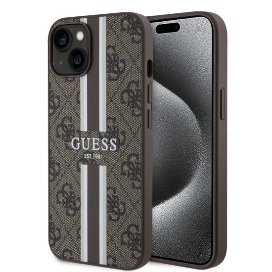 Husa pentru iPhone 15 / iPhone 14 / iPhone 13 - Guess Hardcase 4G Printed Stripes MagSafe (GUHMP15SP4RPSW) - Brown