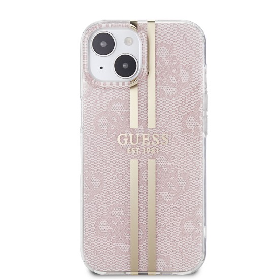 Husa pentru iPhone 15 / iPhone 14 / iPhone 13 - Guess Hardcase IML 4G Gold Stripe (GUHCP15SH4PSEGP) - Pink