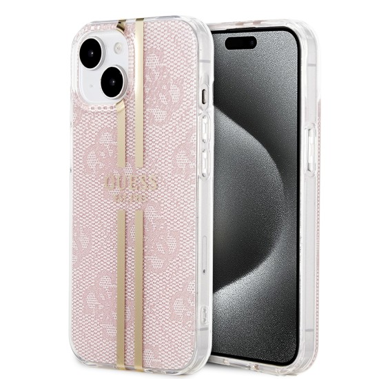 Husa pentru iPhone 15 / iPhone 14 / iPhone 13 - Guess Hardcase IML 4G Gold Stripe (GUHCP15SH4PSEGP) - Pink