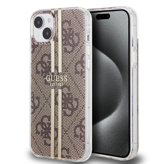 Husa pentru iPhone 15 / iPhone 14 / iPhone 13 - Guess Hardcase IML 4G Gold Stripe (GUHCP15SH4PSEGW) - Brown