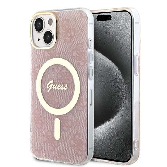 Husa pentru iPhone 15 / iPhone 14 / iPhone 13 - Guess IML 4G MagSafe (GUHMP15SH4STP) - Pink