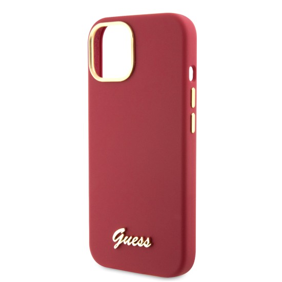 Husa pentruiPhone 15 / iPhone 14 / iPhone 13 - Guess Silicone Script Metal Logo & Frame (GUHCP15SSMBSLM) - Red