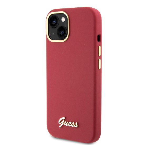 Husa pentruiPhone 15 / iPhone 14 / iPhone 13 - Guess Silicone Script Metal Logo & Frame (GUHCP15SSMBSLM) - Red