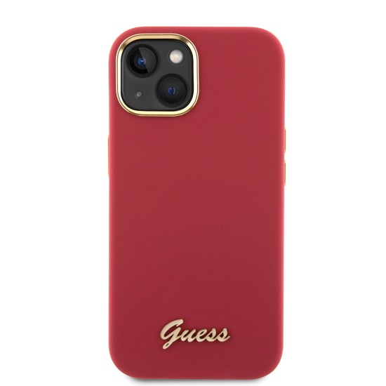 Husa pentruiPhone 15 / iPhone 14 / iPhone 13 - Guess Silicone Script Metal Logo & Frame (GUHCP15SSMBSLM) - Red