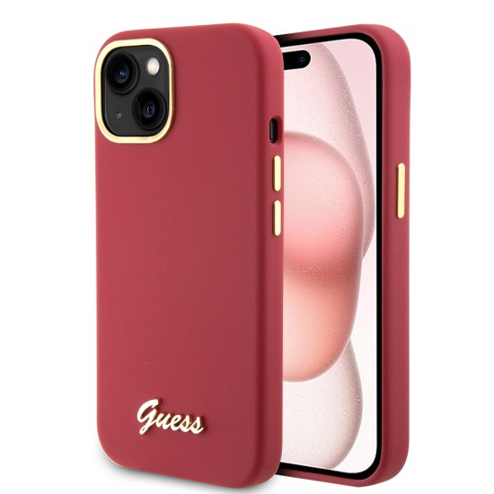 Husa pentruiPhone 15 / iPhone 14 / iPhone 13 - Guess Silicone Script Metal Logo & Frame (GUHCP15SSMBSLM) - Red