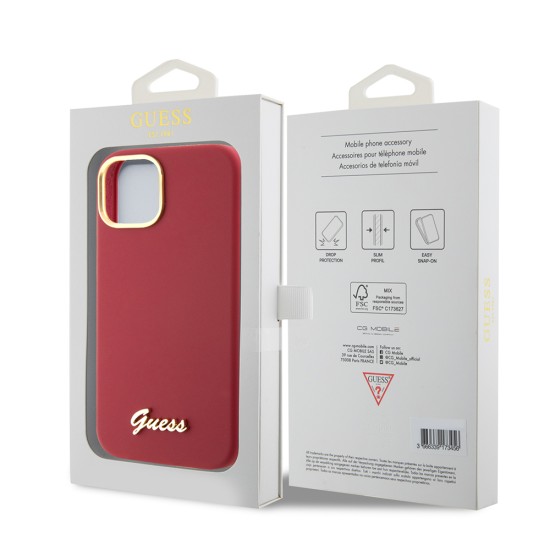 Husa pentruiPhone 15 / iPhone 14 / iPhone 13 - Guess Silicone Script Metal Logo & Frame (GUHCP15SSMBSLM) - Red