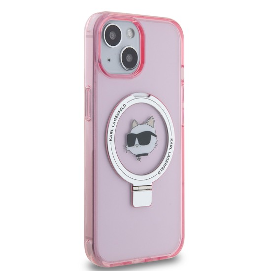 Husa pentru iPhone 15 / iPhone 14 / iPhone 13 - Karl Lagerfeld Hardcase Ring Stand MagSafe (KLHMP15SHMRSCHP) - Pink Choupette Head