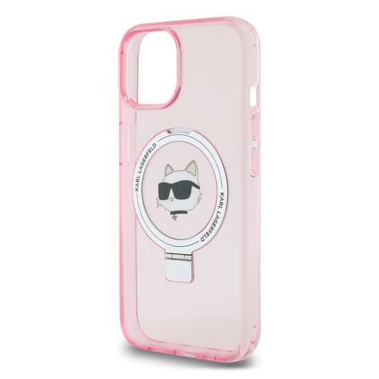 Husa pentru iPhone 15 / iPhone 14 / iPhone 13 - Karl Lagerfeld Hardcase Ring Stand MagSafe (KLHMP15SHMRSCHP) - Pink Choupette Head