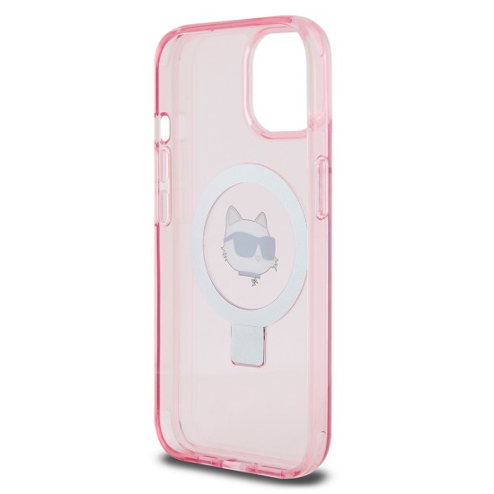 Husa pentru iPhone 15 / iPhone 14 / iPhone 13 - Karl Lagerfeld Hardcase Ring Stand MagSafe (KLHMP15SHMRSCHP) - Pink Choupette Head