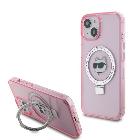 Husa pentru iPhone 15 / iPhone 14 / iPhone 13 - Karl Lagerfeld Hardcase Ring Stand MagSafe (KLHMP15SHMRSCHP) - Pink Choupette Head