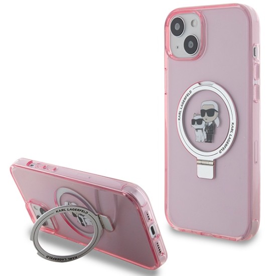 Husa pentru iPhone 15 / iPhone 14 / iPhone 13 - Karl Lagerfeld Hardcase Ring Stand MagSafe (KLHMP15SHMRSKCP) - Pink Karl&Choupette