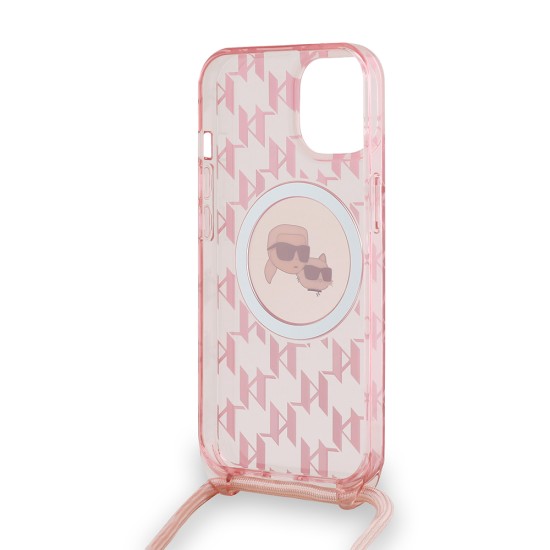 Husa pentru iPhone 15 / iPhone 14 / iPhone 13 - Karl Lagerfeld IML Crossbody MagSafe (KLHMP15SHCKCKLCP) - Pink Mono Karl&Choupette Head