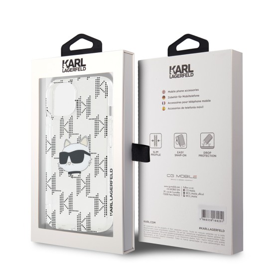 Husa pentru iPhone 15 / iPhone 14 / iPhone 13 - Karl Lagerfeld IML Luxury (KLHCP15SHKLPCHT) - Transparent Choupette Head&Monogram