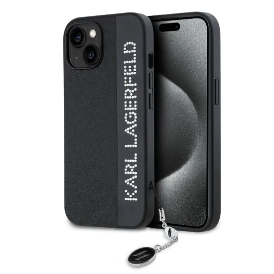 Husa pentru iPhone 15 / iPhone 14 / iPhone 13 - Karl Lagerfeld Saffiano Rhinestones&Charm (KLHCP15SPSAKDGCK) - Black Husa pentru iPhone 15 / iPhone 14 / iPhone 13 - Karl Lagerfeld Saffiano Rhinestones&Charm (KLHCP15SPSAKDGCK) - Black