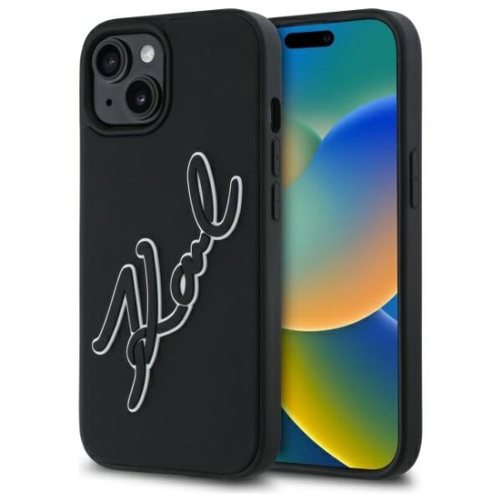 Husa pentru iPhone 15 - Karl Lagerfeld 3D Design (KLHCP15S3DRKSDLK) - Rubber Signature