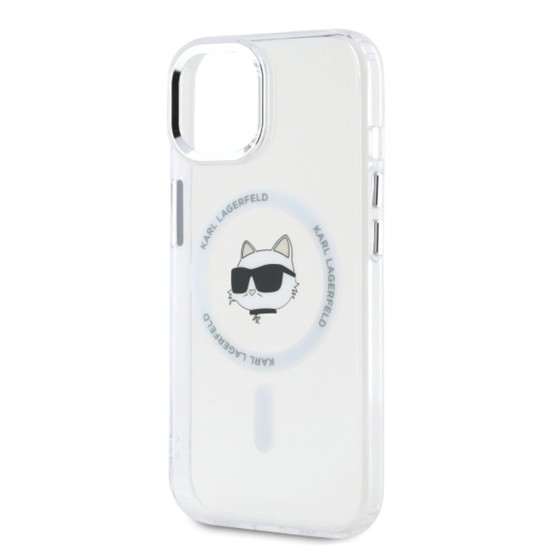 Husa pentru iPhone 15 - Karl Lagerfeld IML MagSafe (KLHMP15SHLSCHH) - White Metal Choupette`s Head