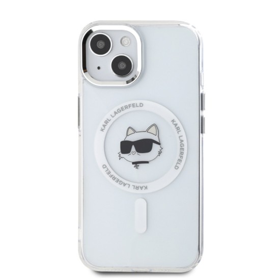 Husa pentru iPhone 15 - Karl Lagerfeld IML MagSafe (KLHMP15SHLSCHH) - White Metal Choupette`s Head