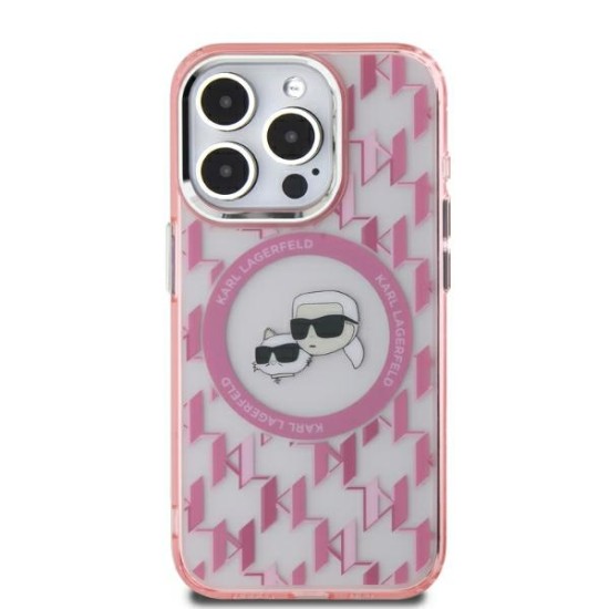 Husa pentru iPhone 15 - Karl Lagerfeld IML MagSafe (KLHMP15SHMCKMHP) - Pink Monogram Karl&Choupette Head