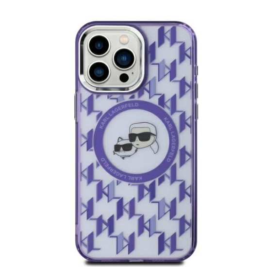 Husa pentru iPhone 15 - Karl Lagerfeld IML MagSafe (KLHMP15SHMCKMHU) - Purple Monogram Karl&Choupette Head