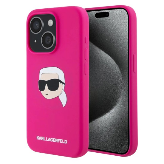 Husa pentru iPhone 15 - Karl Lagerfeld Silicone MagSafe (KLHMP15SSKHPPLF) - Fuchsia Karl`s Head