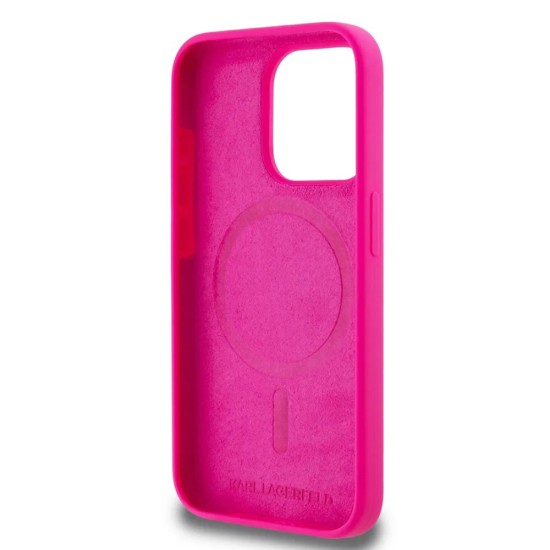 Husa pentru iPhone 15 - Karl Lagerfeld Silicone MagSafe (KLHMP15SSKHPPLF) - Fuchsia Karl`s Head