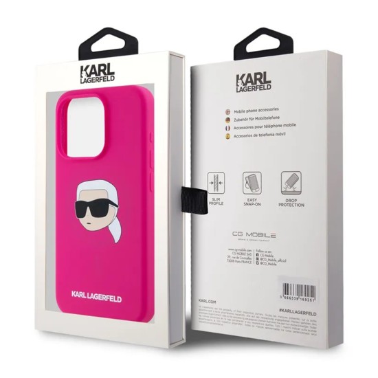 Husa pentru iPhone 15 - Karl Lagerfeld Silicone MagSafe (KLHMP15SSKHPPLF) - Fuchsia Karl`s Head