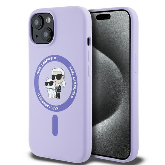 Husa pentru iPhone 15 - Karl Lagerfeld Silicone Ring MagSafe (KLHMP15SSCMKCRHU) - Purple Karl&Choupette Heads