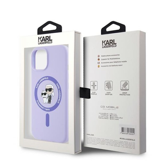 Husa pentru iPhone 15 - Karl Lagerfeld Silicone Ring MagSafe (KLHMP15SSCMKCRHU) - Purple Karl&Choupette Heads